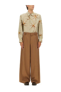 Beige long-sleeved button-up shirt with starburst pattern in warm brown tones by Dries Van Noten men’s multicolor tulip print shirt