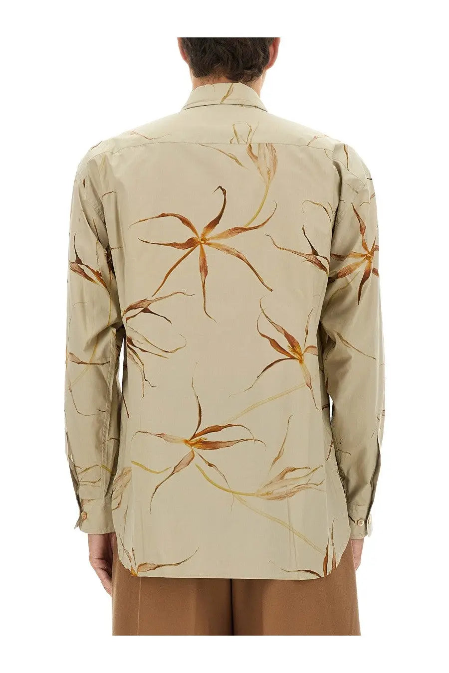 Beige long-sleeved Dries Van Noten shirt with brown and gold star-shaped floral tulip print for men multicolor
