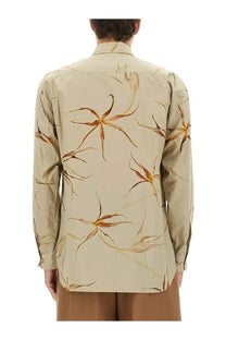 Beige long-sleeved Dries Van Noten shirt with brown and gold star-shaped floral tulip print for men multicolor