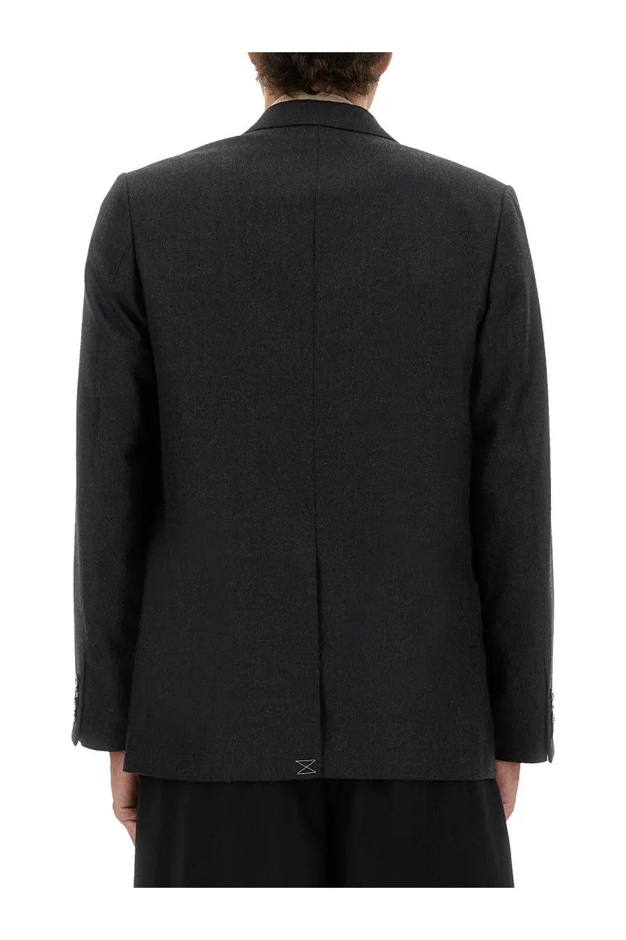 Black textured blazer with subtle sheen and structured shoulders from dries van noten men’s wool jacket grey collection