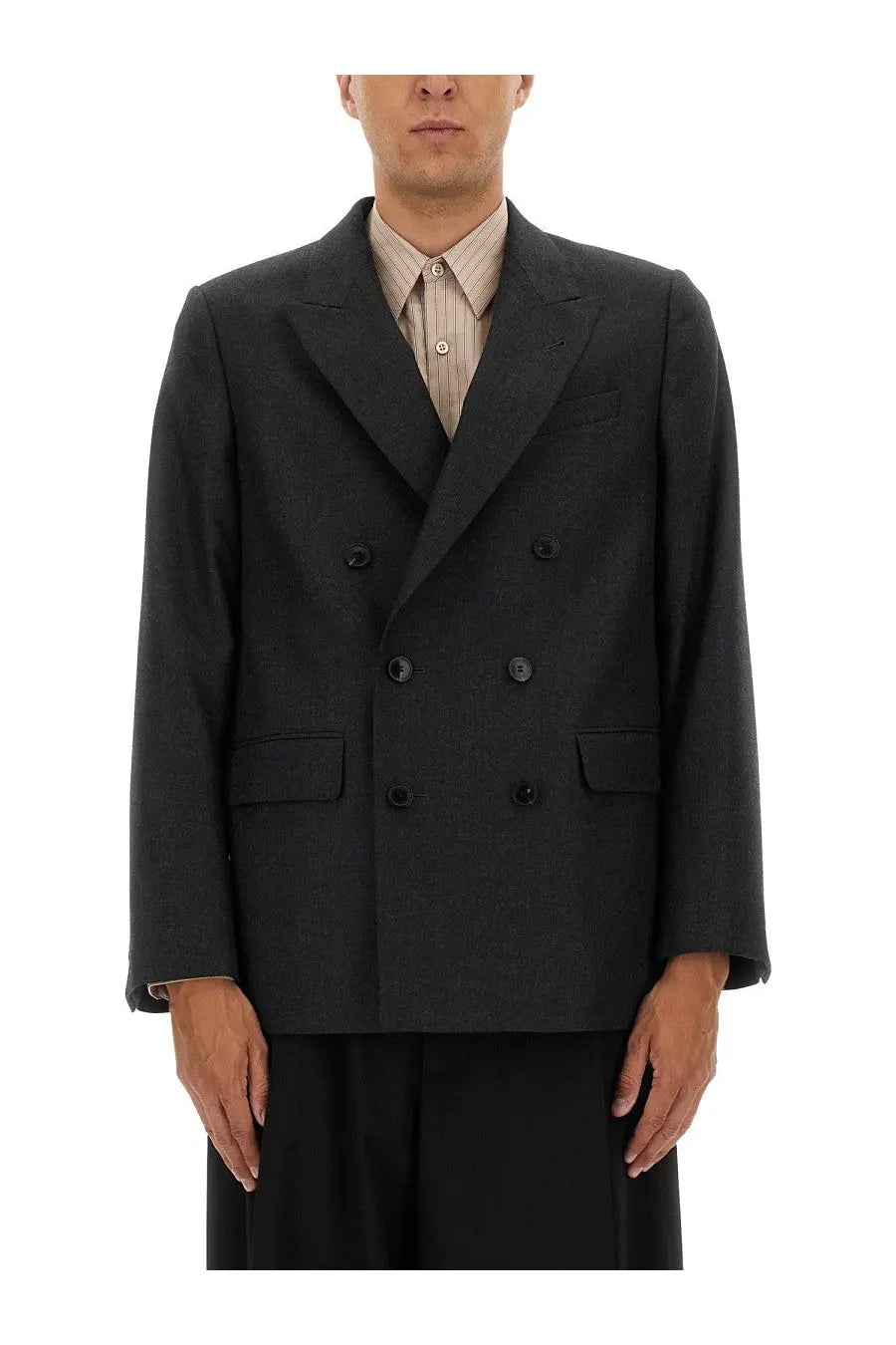 Dark gray double-breasted wool blazer with black buttons and flap pockets from Dries Van Noten men’s wool jacket gray