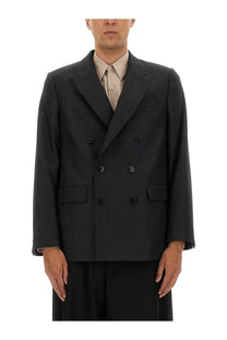 Dark gray double-breasted wool blazer with black buttons and flap pockets from Dries Van Noten men’s wool jacket gray