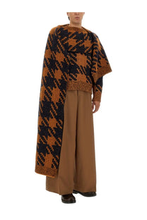 Dries Van Noten men’s wool scarf in burnt orange and black houndstooth knitted with a textured finish