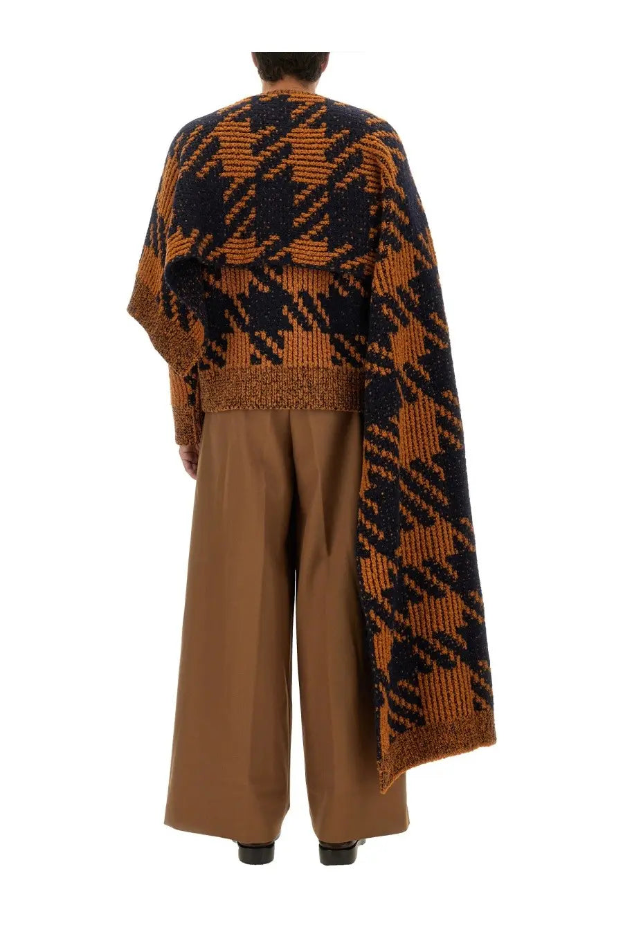 Dries van noten men’s wool scarf featuring a knitted navy and rust-orange houndstooth pattern wool blend cape