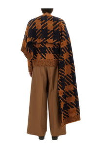 Dries van noten men’s wool scarf featuring a knitted navy and rust-orange houndstooth pattern wool blend cape