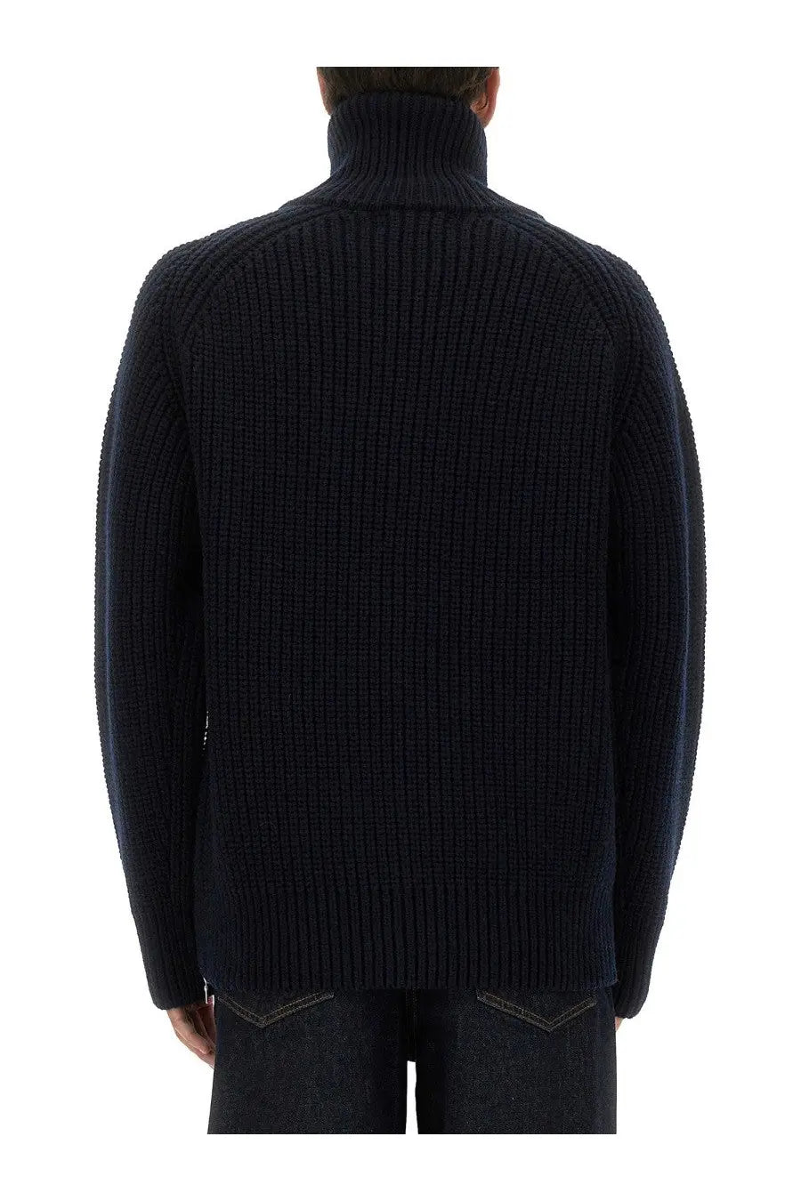 Dark navy ribbed knit turtleneck sweater with textured structured shoulders by dries van noten in wool with zipper