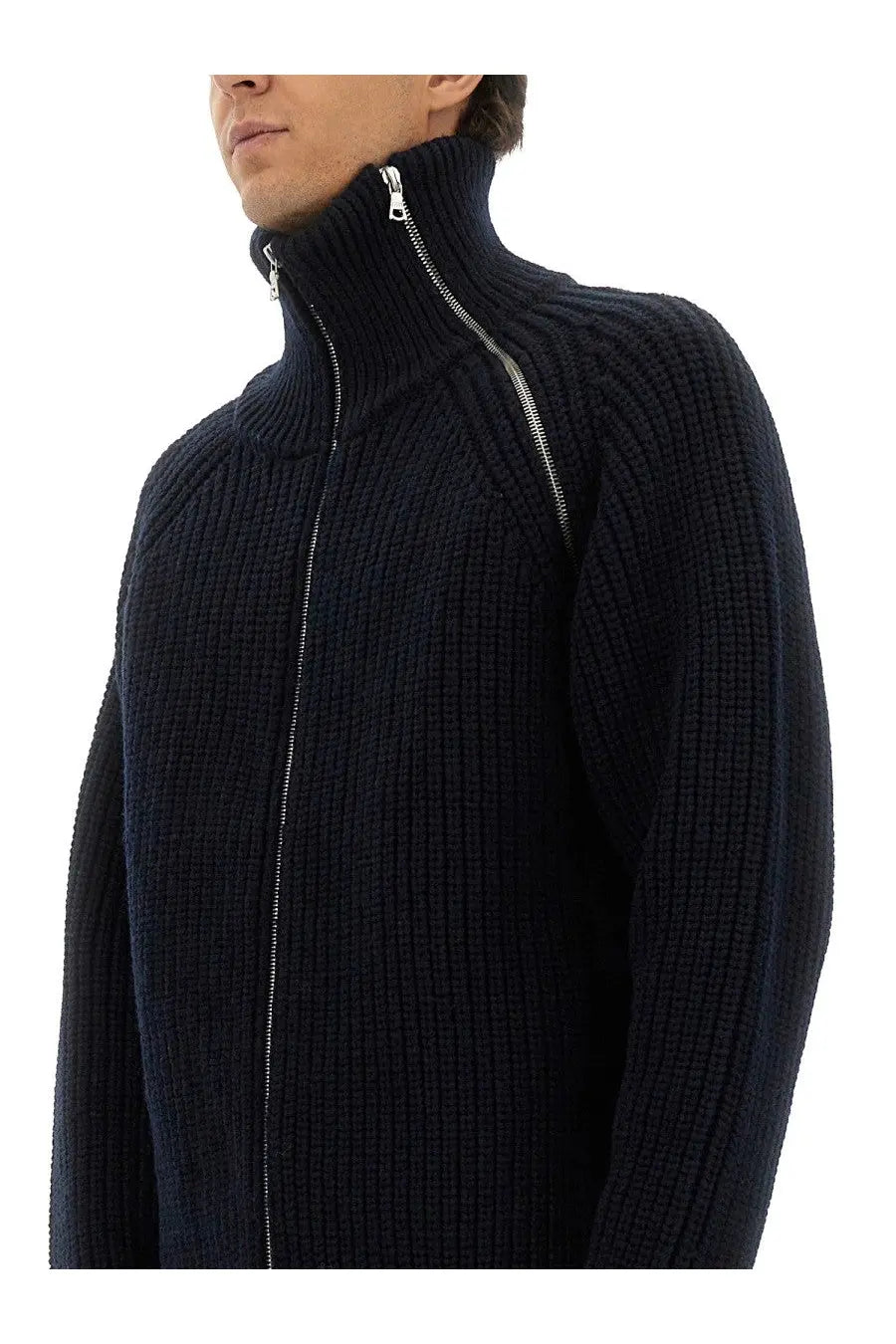 Dries Van Noten men’s dark navy ribbed wool zip-up sweater with high collar and silver zipper