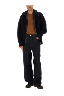Dries Van Noten men’s black ribbed knit wool zip-up hoodie with silver zipper trim front view