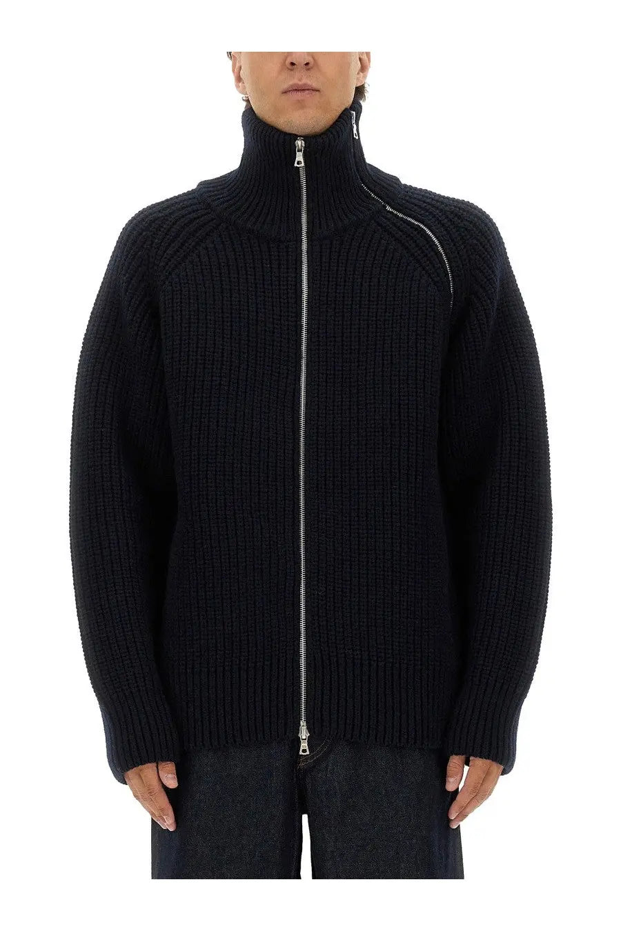Dries Van Noten men’s black ribbed wool sweater with high collar and silver zippered front closure