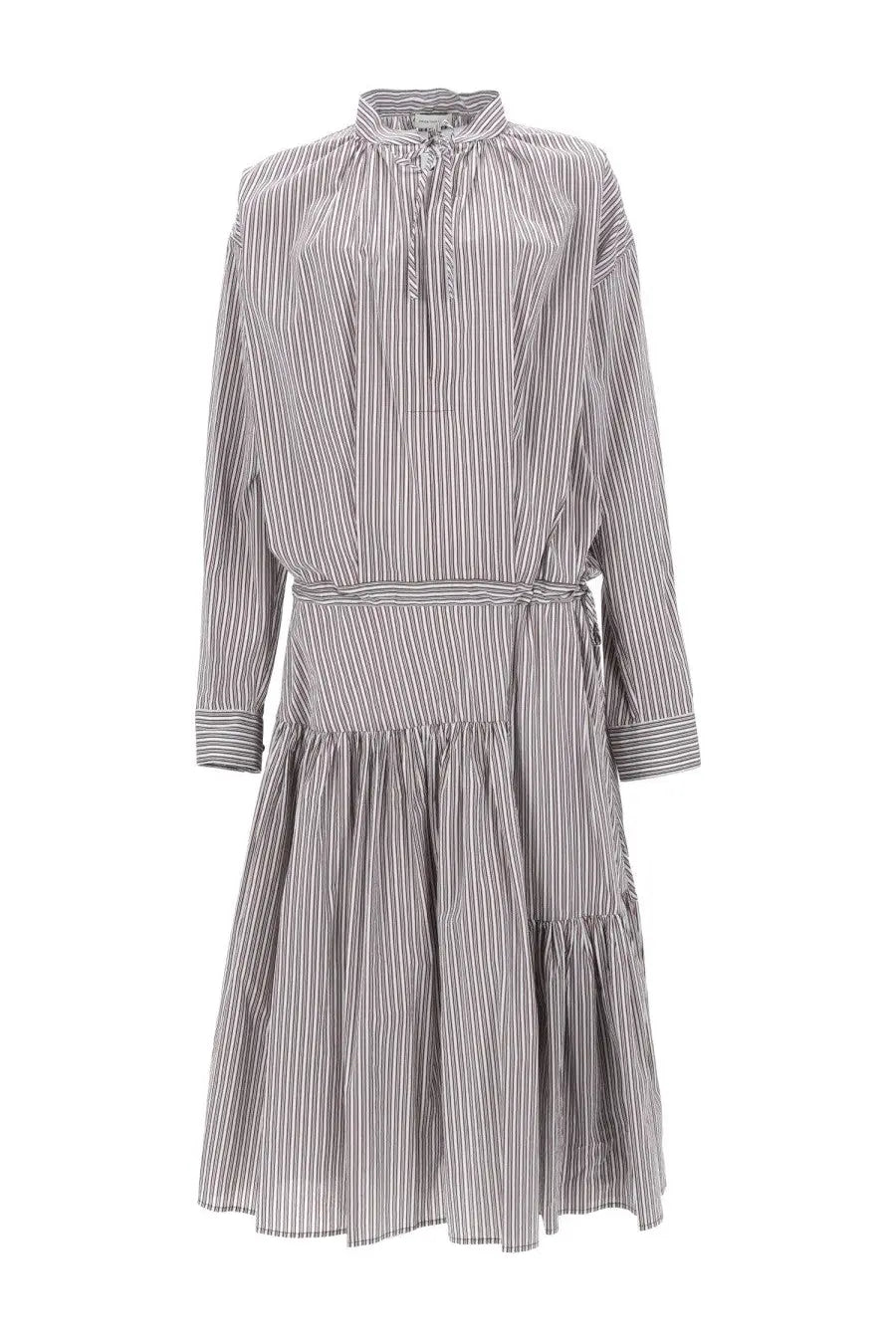 Dries Van Noten women’s Abito Lungo Denvo long-sleeved tiered dress with tied waistband in soft gray and white stripes