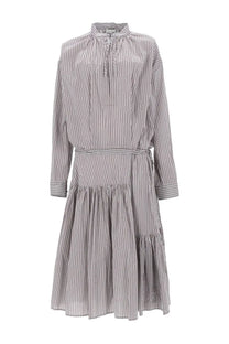 Dries Van Noten women’s Abito Lungo Denvo long-sleeved tiered dress with tied waistband in soft gray and white stripes