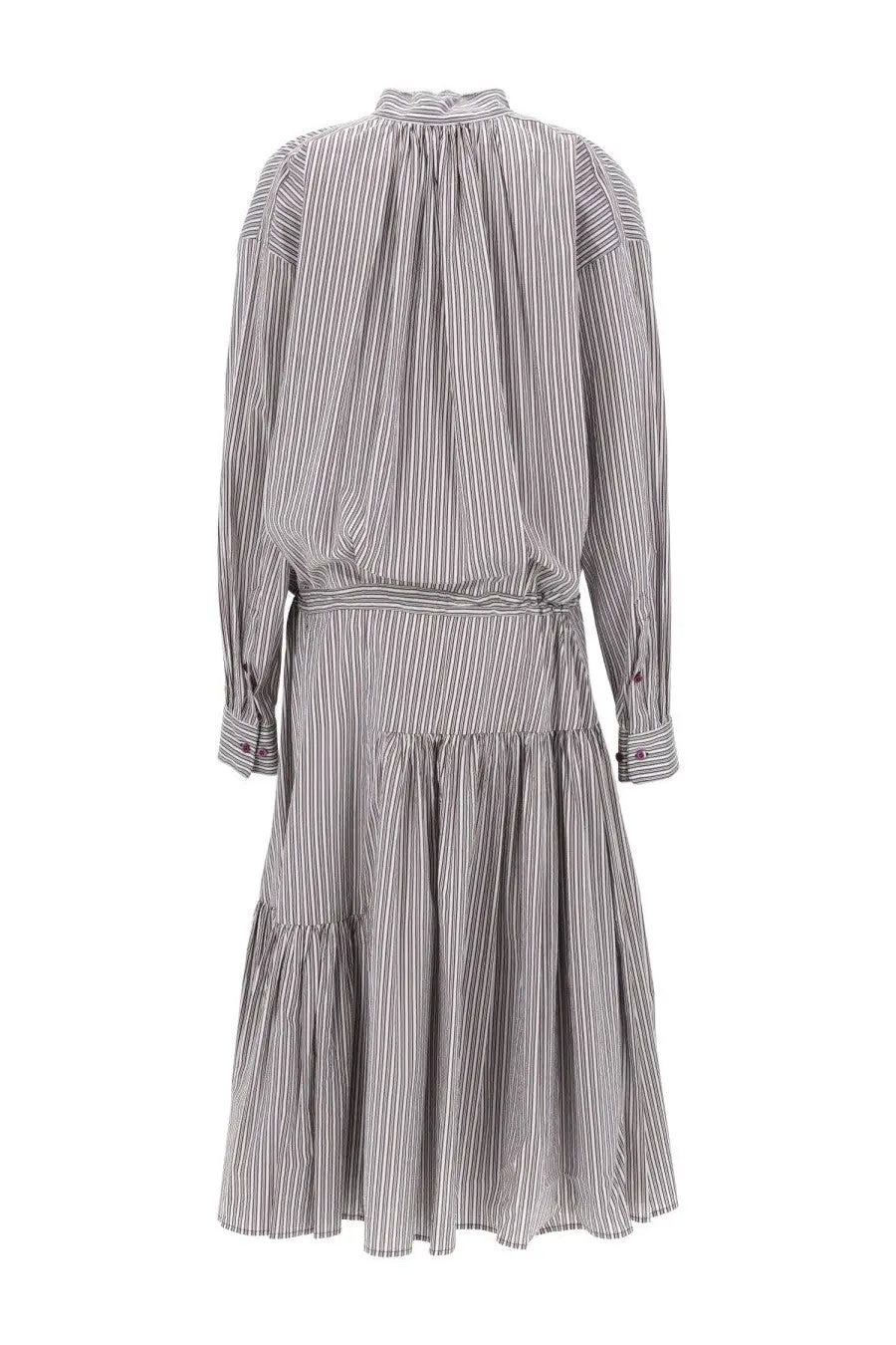 Dries Van Noten women’s abito lungo denvo multicolor long-sleeved tiered dress with gray and white vertical stripes
