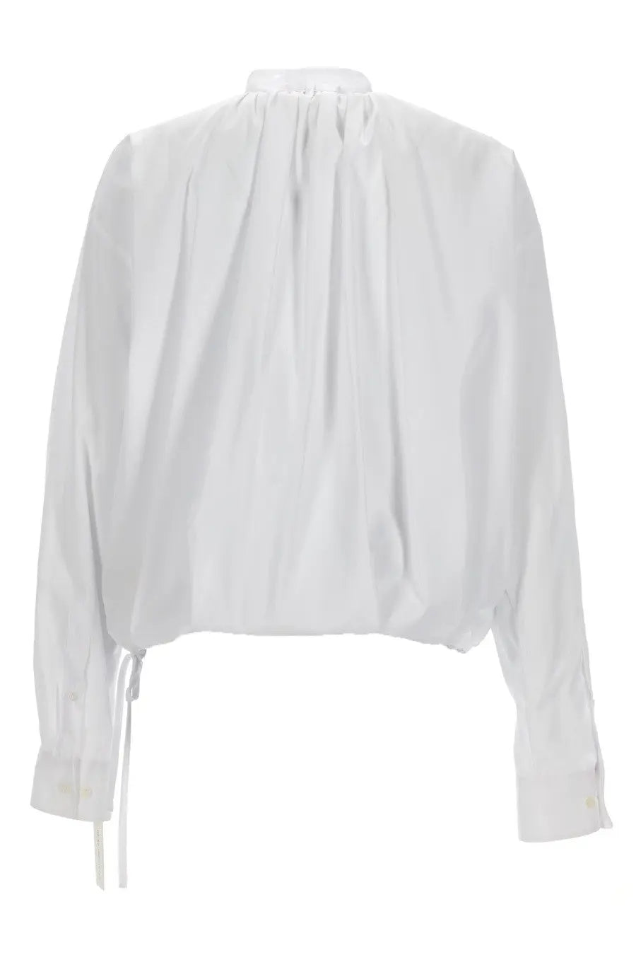 Dries Van Noten women’s white long-sleeved blouse with gathered neckline and drawstring ties at cuffs