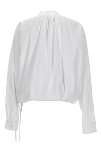 Dries Van Noten women’s white long-sleeved blouse with gathered neckline and drawstring ties at cuffs