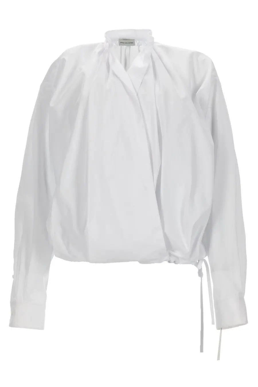Dries Van Noten women’s white long-sleeved blouse with high neckline and gathered front fabric detail