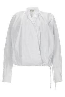 Dries Van Noten women’s white long-sleeved blouse with high neckline and gathered front fabric detail