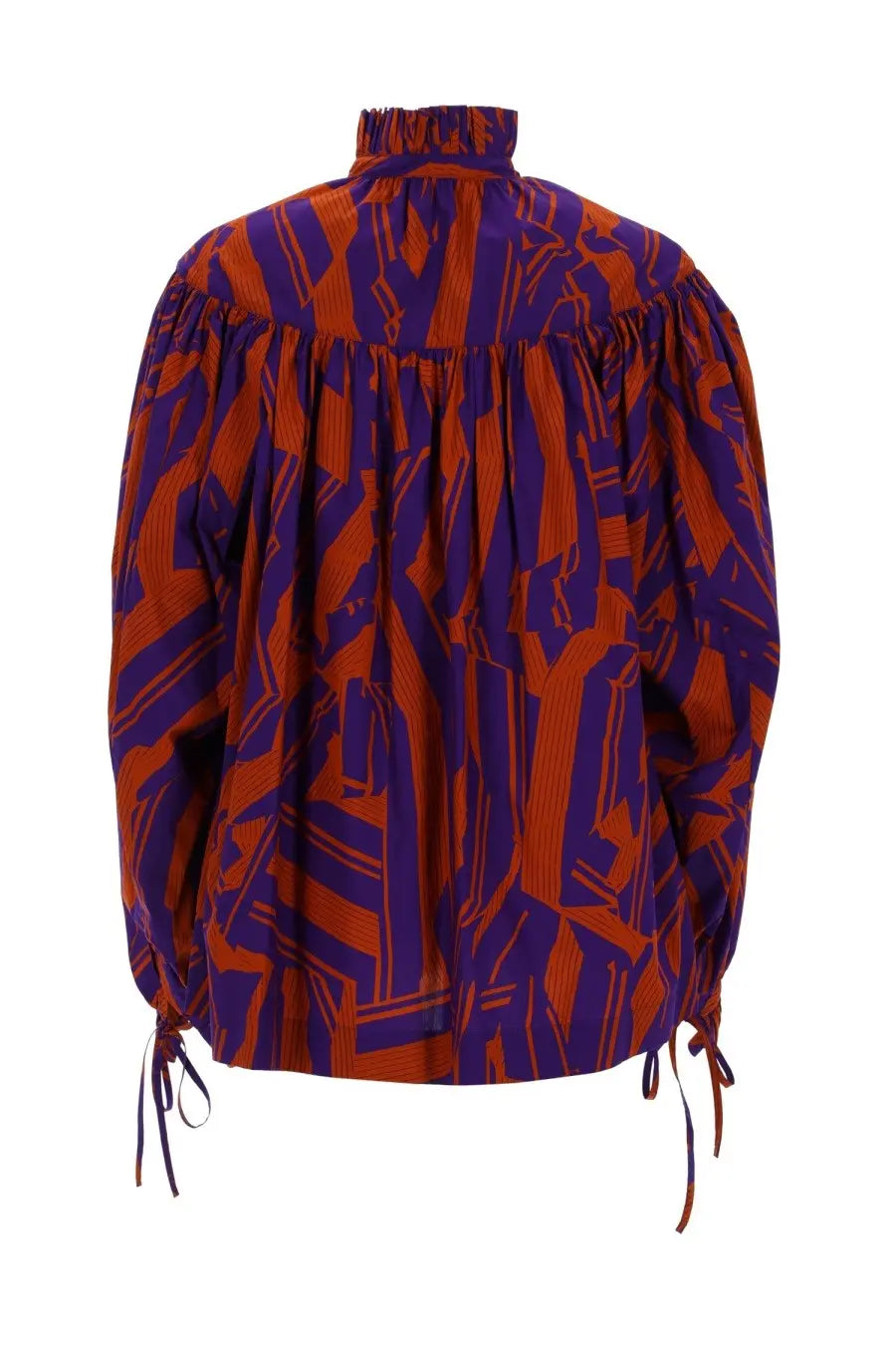 Dries Van Noten women’s blouse multicolor with vibrant orange and purple abstract pattern, high collar, puffed sleeves, and side ties