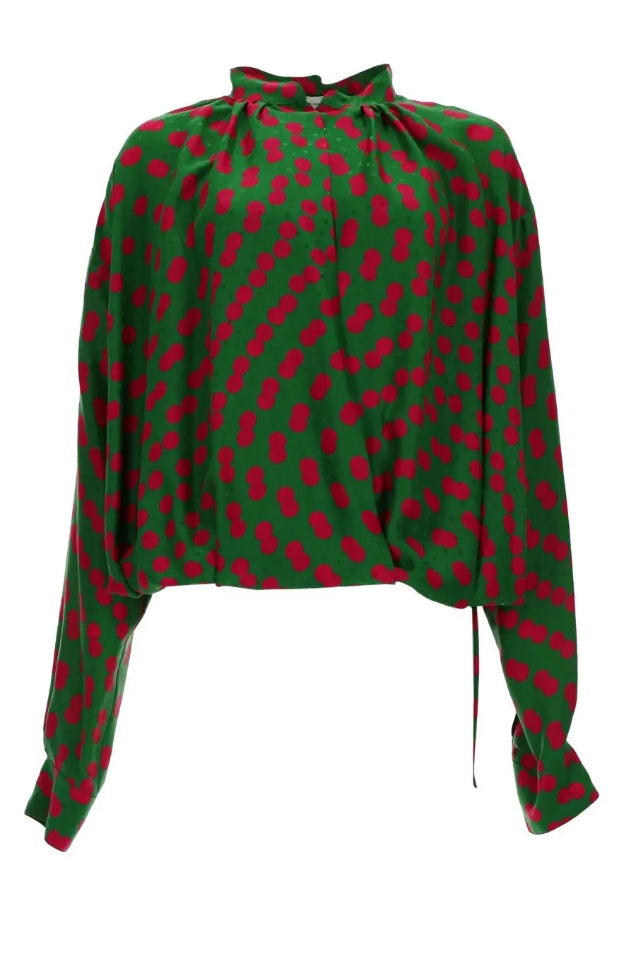 Dries Van Noten women’s green silk blouse with bold red polka dots and a high neckline