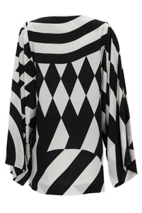 Dries van noten women’s blusa charlie black and white geometric viscose blouse with flowing wide sleeves