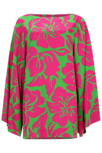 Dries Van Noten women’s viscose multicolor blusa with vibrant pink and green floral print and wide flowing sleeves