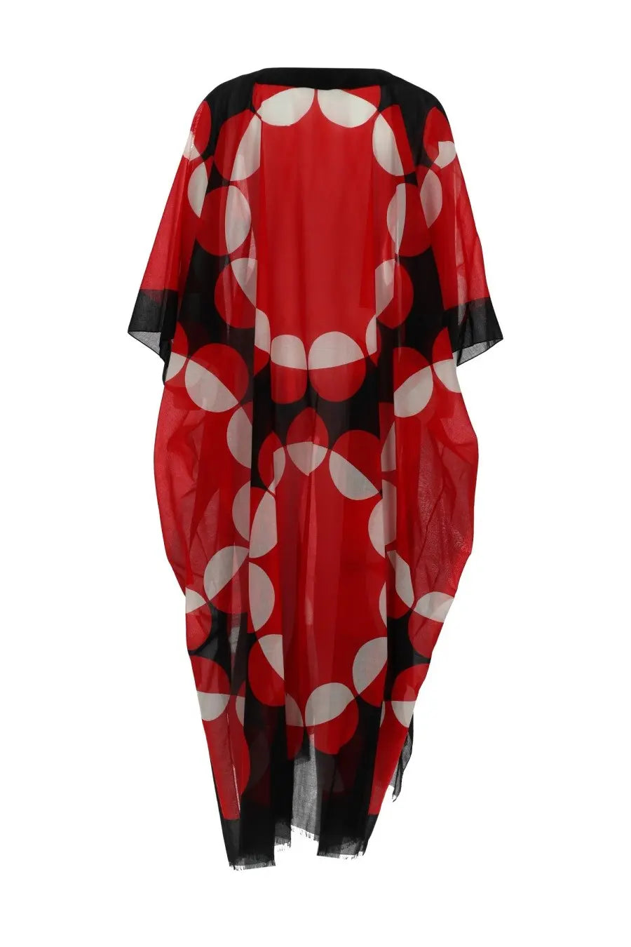 Dries Van Noten women’s red and black sheer caftan with bold geometric pattern of overlapping circles in white red and black