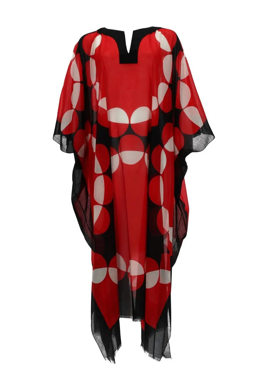 Dries van Noten women’s flowing red and black caftano with bold white geometric circles and sheer mesh trim edges