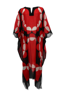 Dries van Noten women’s flowing red and black caftano with bold white geometric circles and sheer mesh trim edges