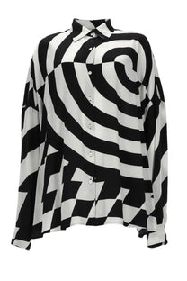 Dries Van Noten women’s camicia Casia blouse with black and white abstract spiral pattern, classic collar, button-down front