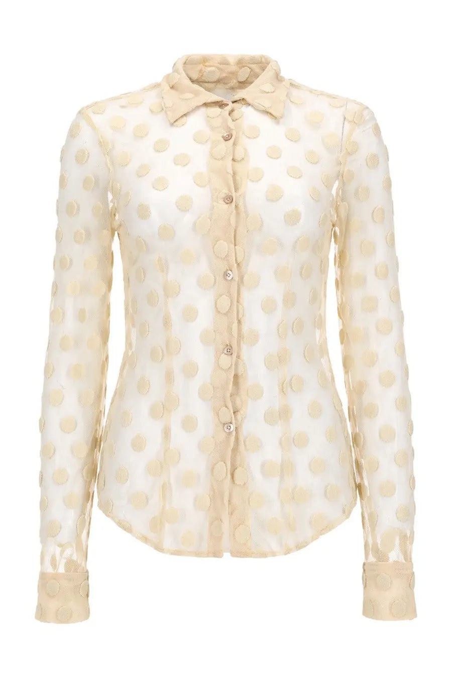 Cream-colored mesh blouse with white polka dots button-down front and classic collar by dries van noten