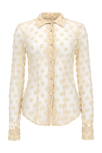 Cream-colored mesh blouse with white polka dots button-down front and classic collar by dries van noten