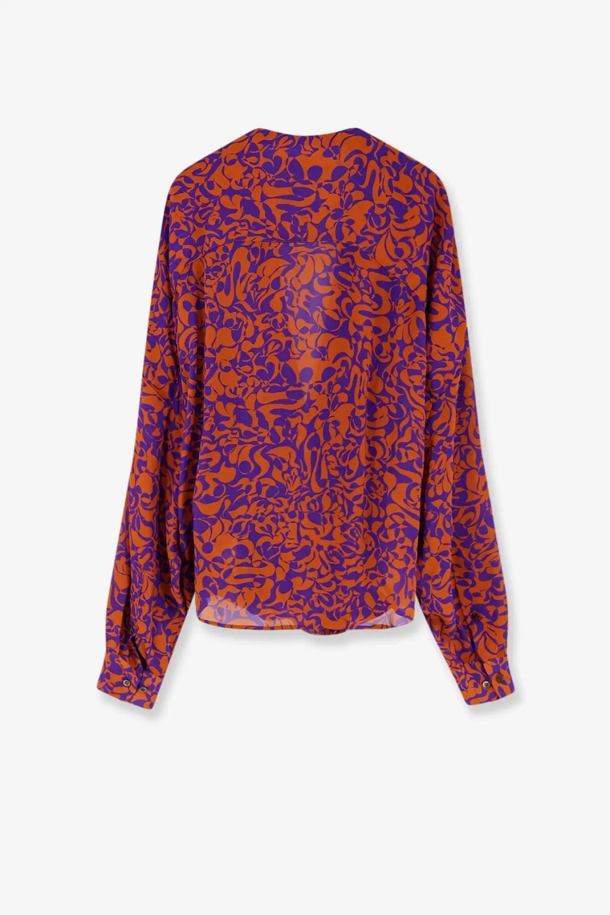 A flowing long-sleeved dries van noten women’s camiel cotton shirt in vibrant orange and purple abstract floral pattern