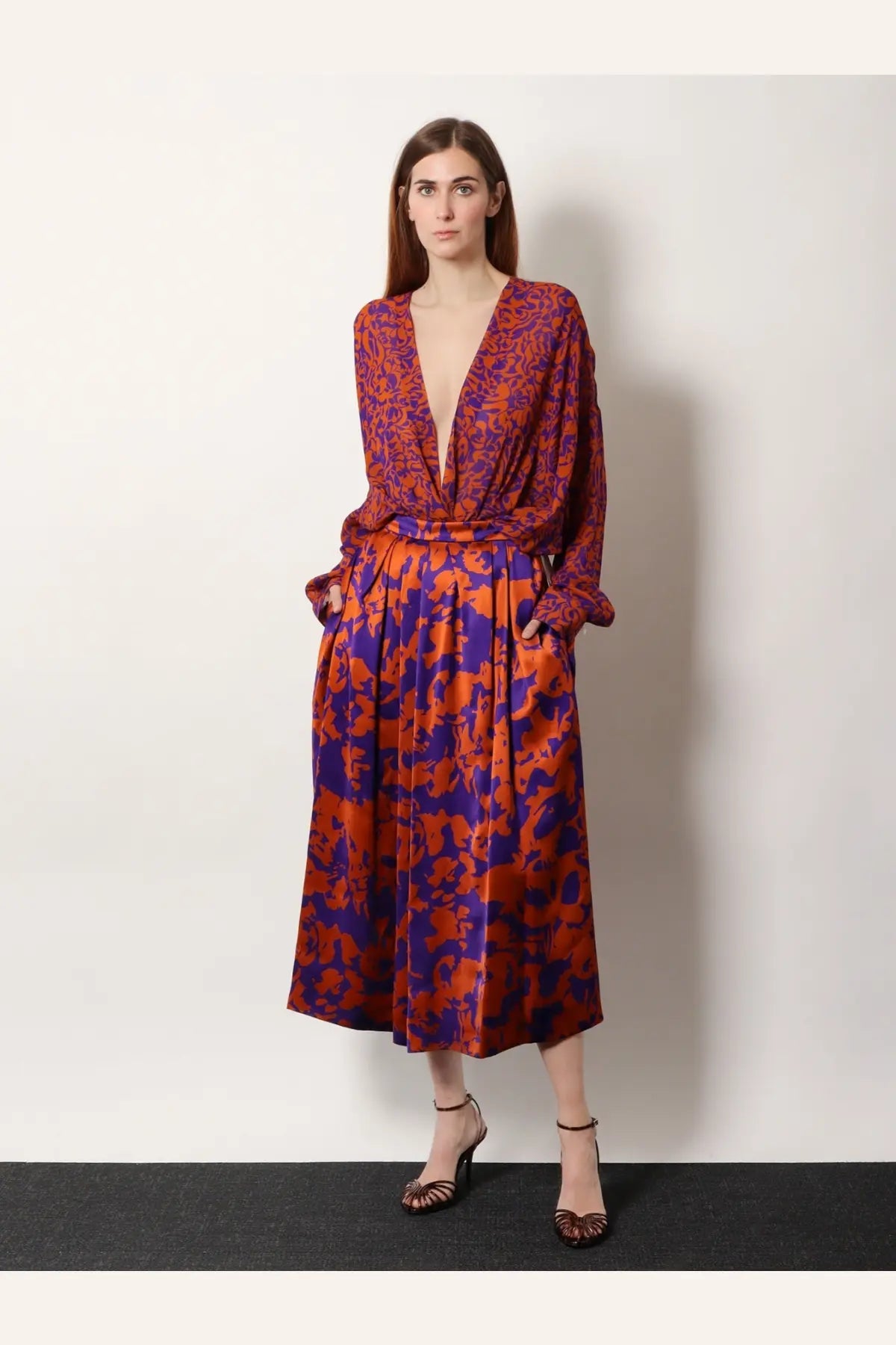 Dries Van Noten women’s camiel cotton shirt in vibrant orange with purple floral print and long sleeves