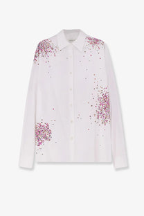 Dries Van Noten women’s white cotton button-down shirt with pink and purple sequin clusters on shoulders sleeves and front