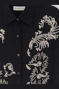 Dries Van Noten women’s Casia black button-up shirt with intricate silver crystal floral embroidery