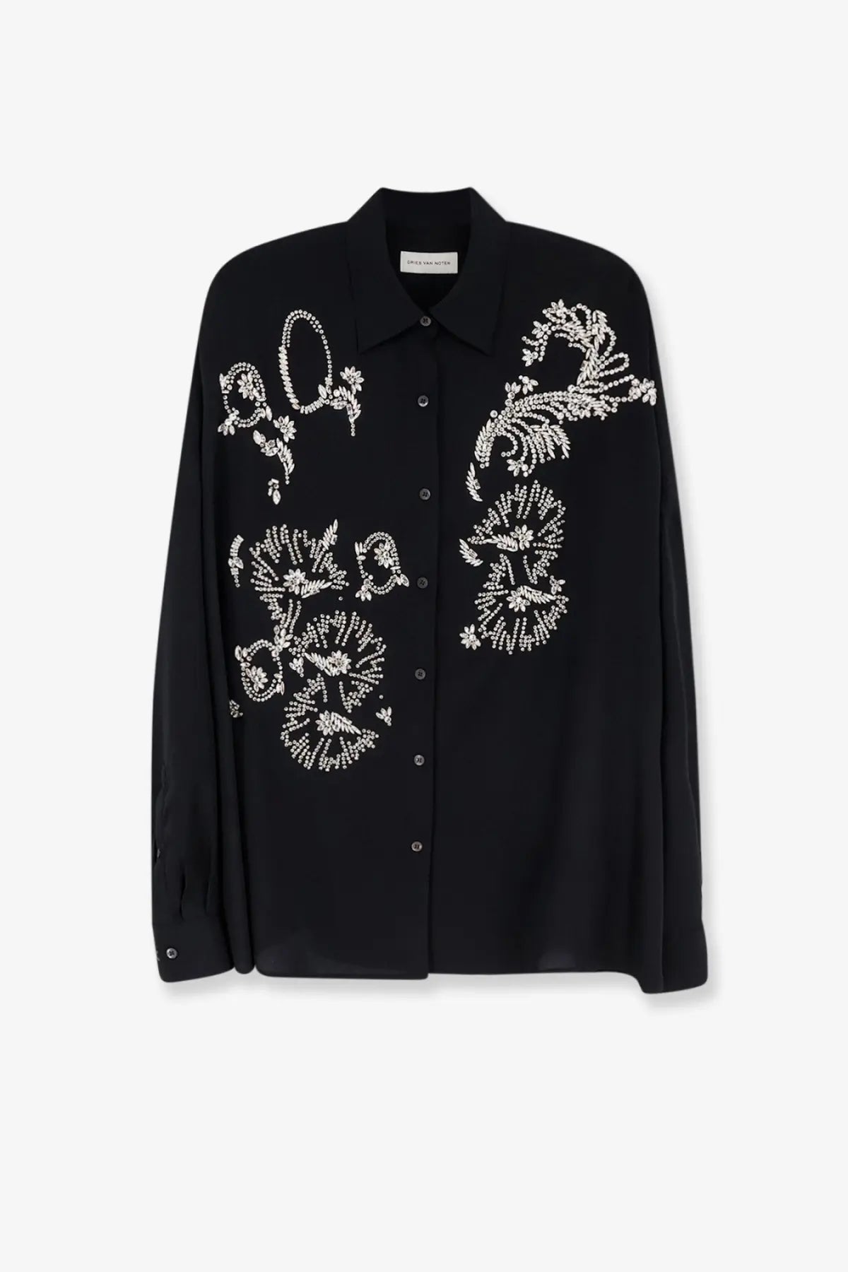 Dries Van Noten women’s casia black button-up shirt with intricate white beaded floral and leaf patterns