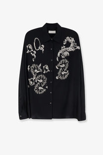 Dries Van Noten women’s casia black button-up shirt with intricate white beaded floral and leaf patterns
