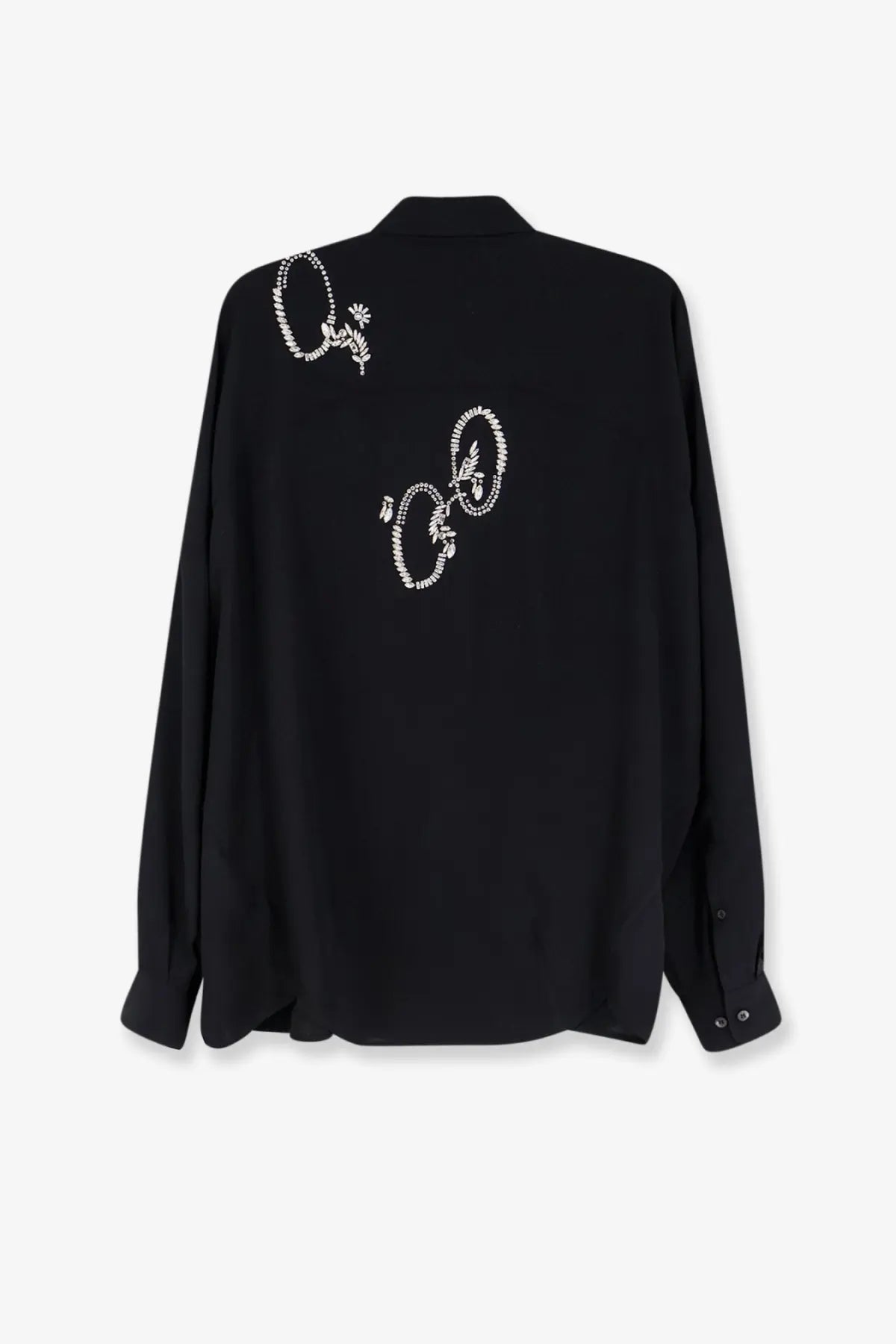Back of dries van noten women’s casia black satin shirt with white embroidered floral and circular motifs