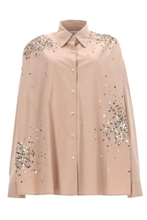 Beige dries van noten women’s casia shirt with sequined shoulder and sleeve accents in a button-up style