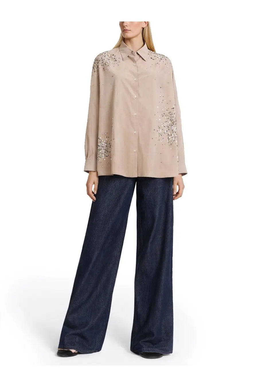 Beige embellished Dries Van Noten women’s Casia shirt with sparkling sequin detailing on shoulders and sleeves
