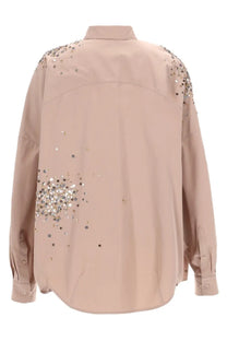 Beige dries van noten women’s casia shirt pink long-sleeved blouse with silver and gold sequins on shoulders and back side