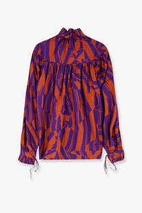 Dries Van Noten women’s Catya cotton shirt in vibrant orange and purple with ruffled sleeves and gathered neckline