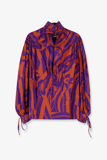 Vibrant orange and purple abstract patterned Dries Van Noten women’s Catya cotton blouse with high collar and tie front detail