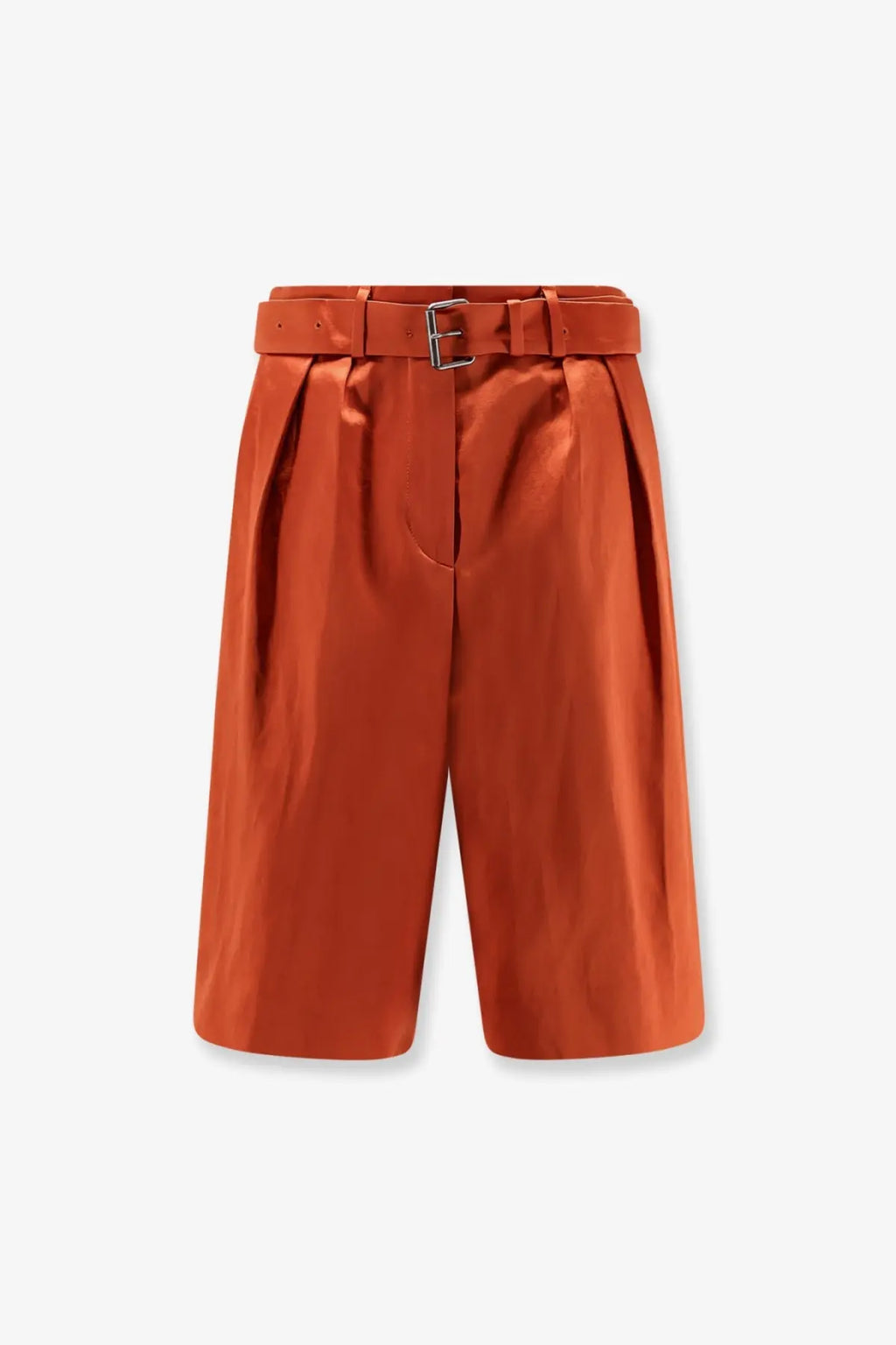 Dries van noten women’s brown cotton blend bermuda shorts with crisp orange satin finish and matching belt with silver buckle
