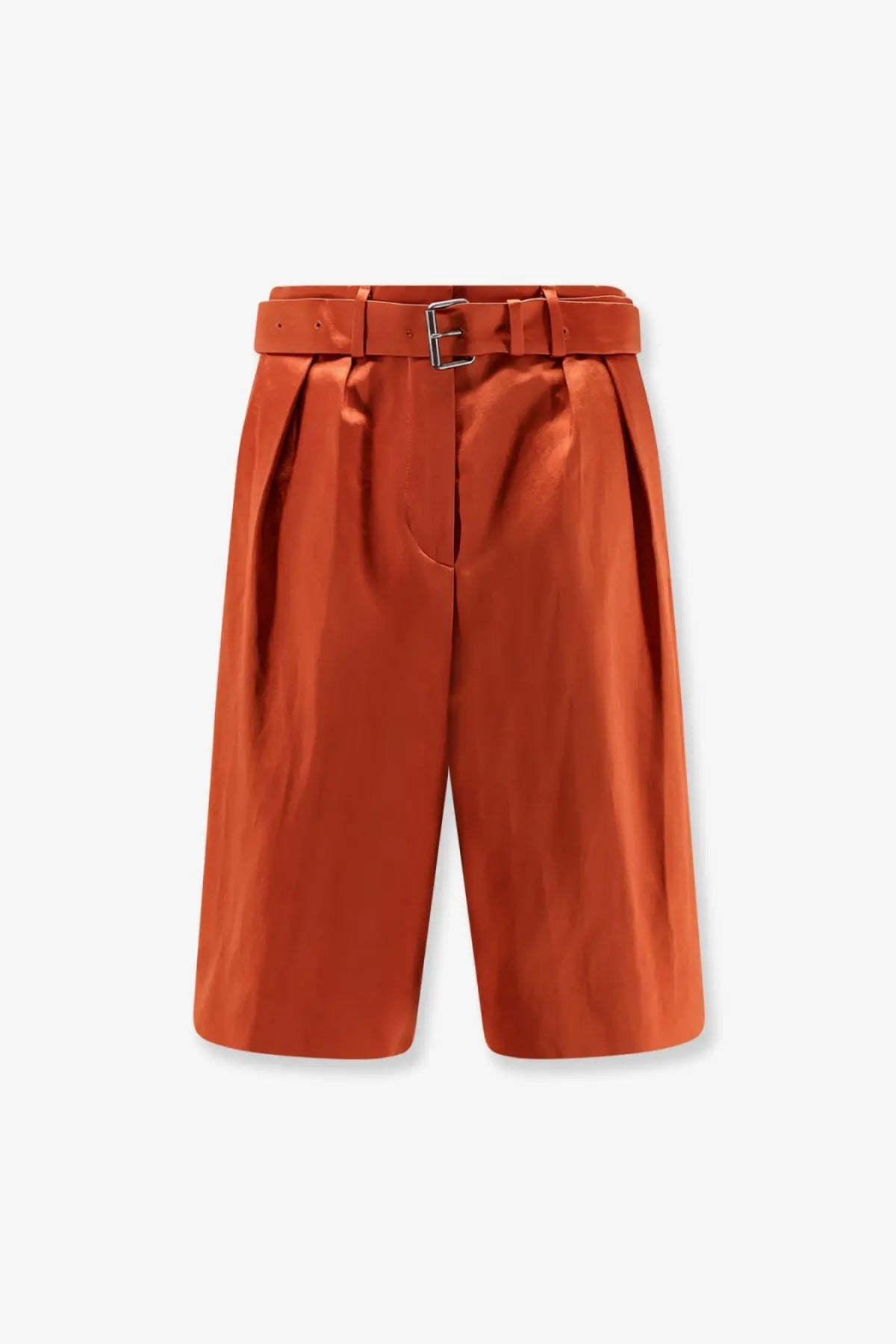Dries van noten women’s brown cotton blend bermuda shorts with crisp orange satin finish and matching belt with silver buckle