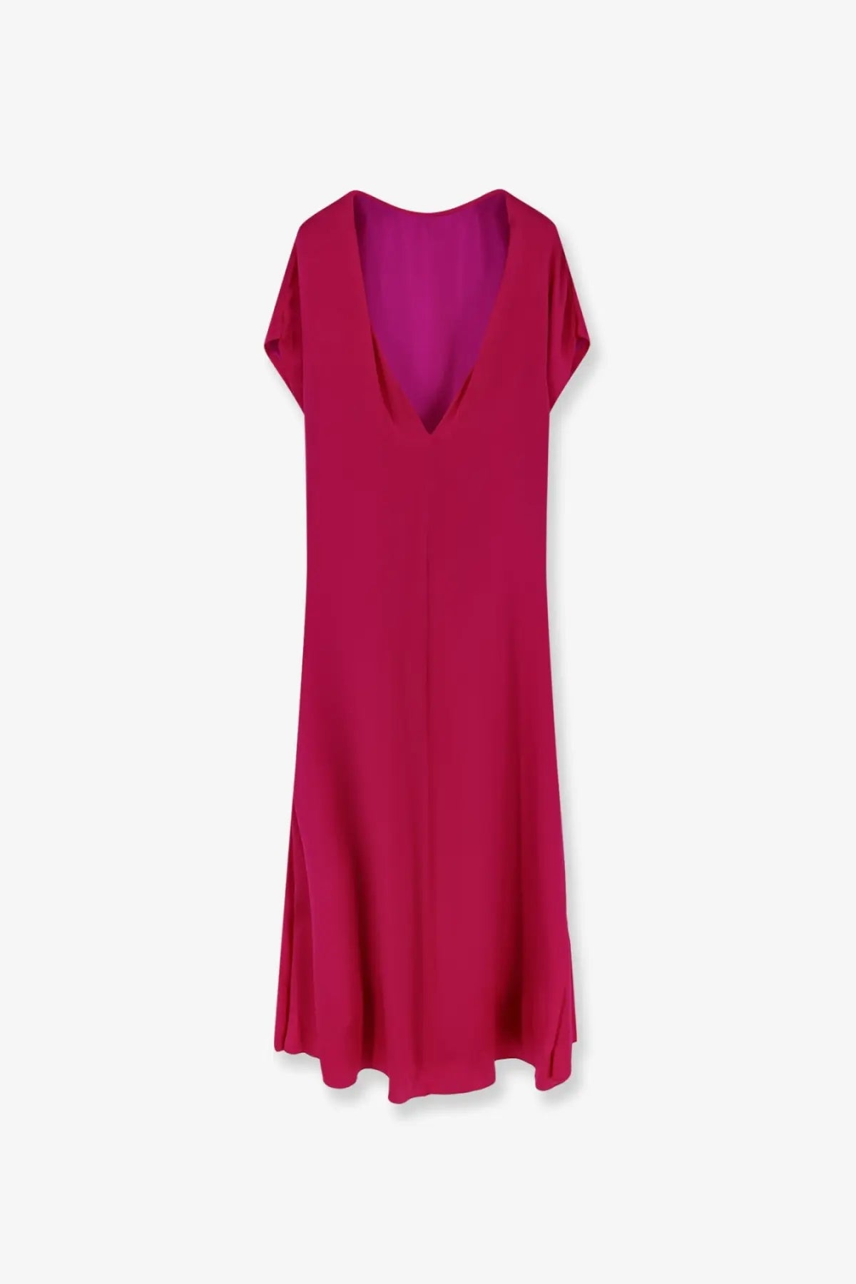 Dries Van Noten women’s diria silk dress pink vibrant fuchsia midi dress with deep v neckline and short sleeves