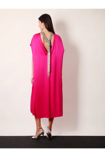 Back view of a vibrant fuchsia satin Dries Van Noten silk dress with deep back neckline and silver beaded fringe embellishment