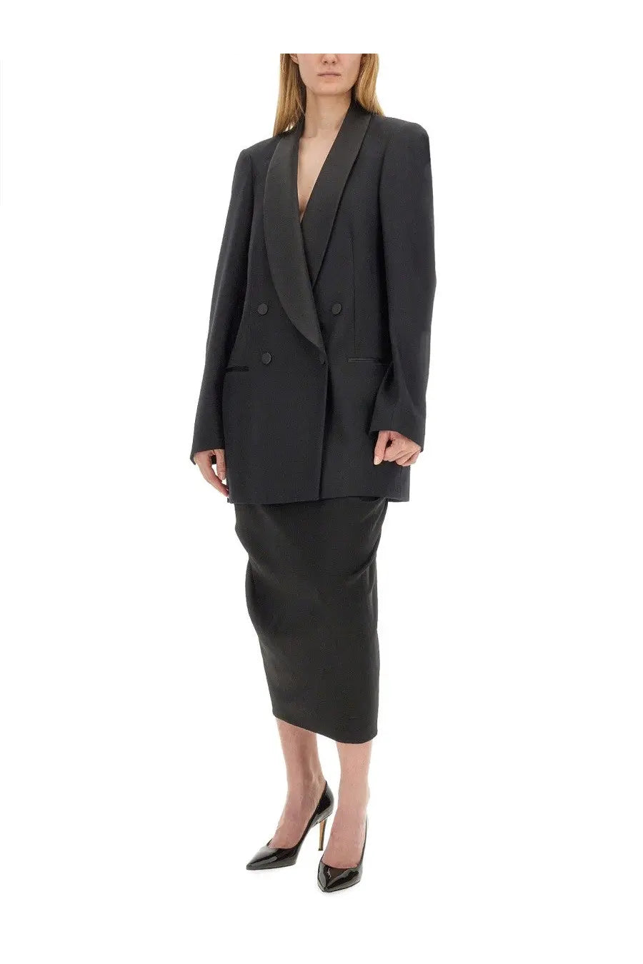 Black double breasted wool blazer with notched lapels and matching pencil skirt by Dries Van Noten for women
