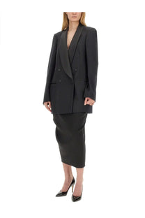 Black double breasted wool blazer with notched lapels and matching pencil skirt by Dries Van Noten for women