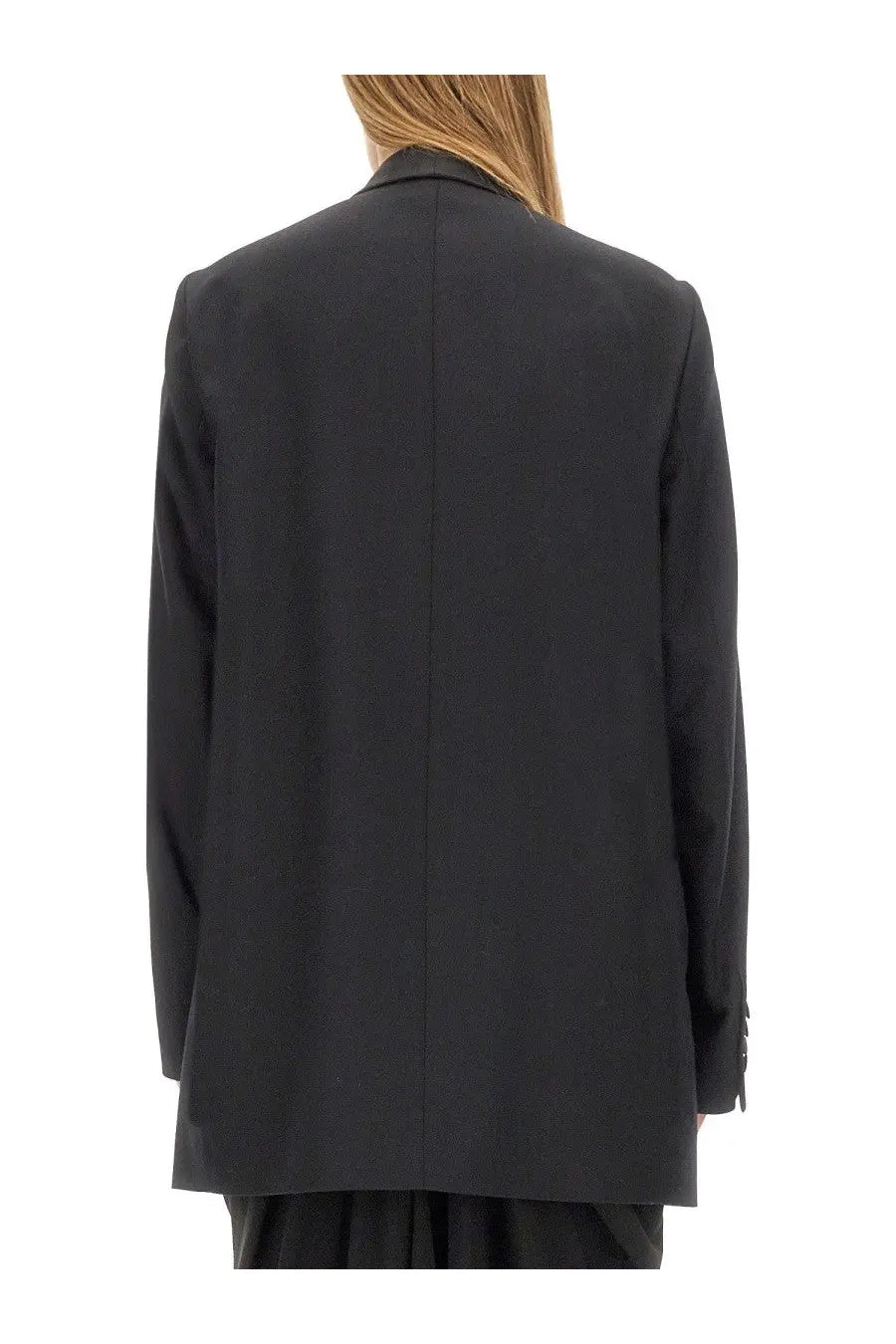 Black tailored dries van noten women’s double breasted jacket with structured silhouette and subtle seam detailing