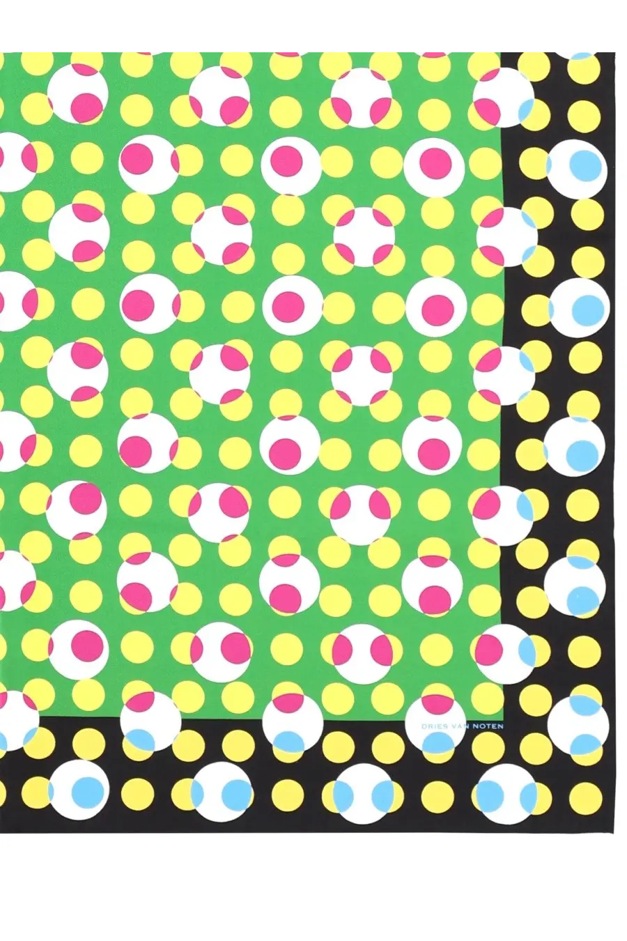 Vibrant green silk scarf by Dries Van Noten featuring bold pink white yellow polka dots with a black border